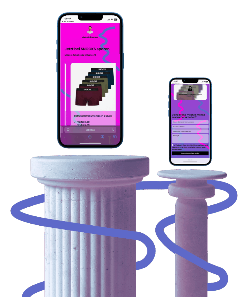 Zwei iPhone mit dem Interface von klick.bio schweben über zwei Säulen